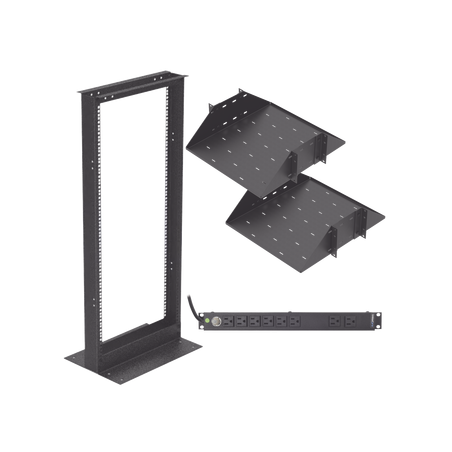 Kit de Rack Estándar 19", 24 UR con 2 Charolas y PDU (8 tomas). Ideal para UPS y Servidores tipo Torre.