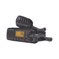 Radio Móvil Marino VHF, color negro, 25 W de potencia, sumergible IPX4, rango de frecuencia.: Tx: 156.025-157.425 MHz, Rx: 156.