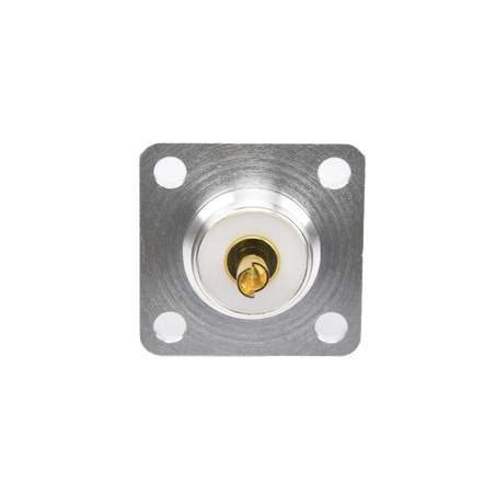 Conector UHF Hembra (SO-239) para Montaje de Chasis con 4 Hoyos a 18 mm, Terminal Soldable, Plata/ Oro/ Teflón.