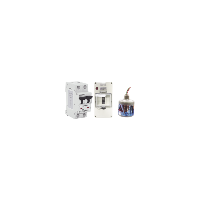 Kit de Centro de Carga Para Corriente Directa, Breaker de hasta 800 Vcc de 40 A con Supresor de Descargas Atmosféricas.