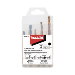 Juego de 5 Brocas con Inserción Hexagonal de 1/4". De concreto: 3/16" y 1/4". Para metal: 1/8", 3/16" y 1/4".