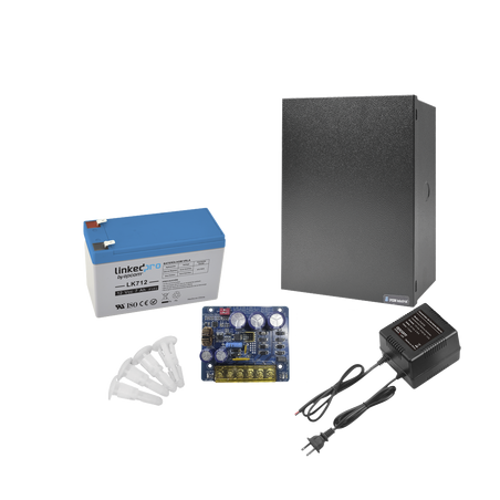 Kit con fuente PLB3 con salida de 12 Vcc a 4 Amper, incluye transformador y batería de 12 V a 7 Amper