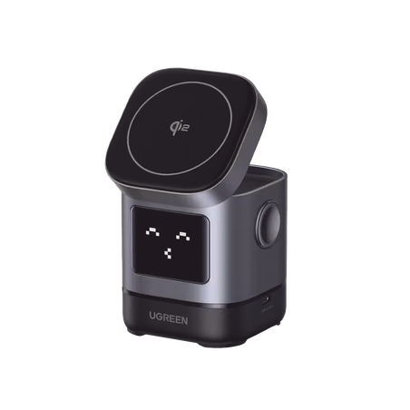 Cargador Inalámbrico Robot 2 en 1 UGREEN Qi2 / 15W Ultra Rápido para iPhone / 5W para AirPods / Pantalla Inteligente con Expre