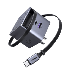Cargador Rápido UGREEN 45W GaN / Cable Retráctil 0.7m / 3 Puertos USB-C + USB-A / Tecnología GaNInfinity 95% Eficiencia / 8 C