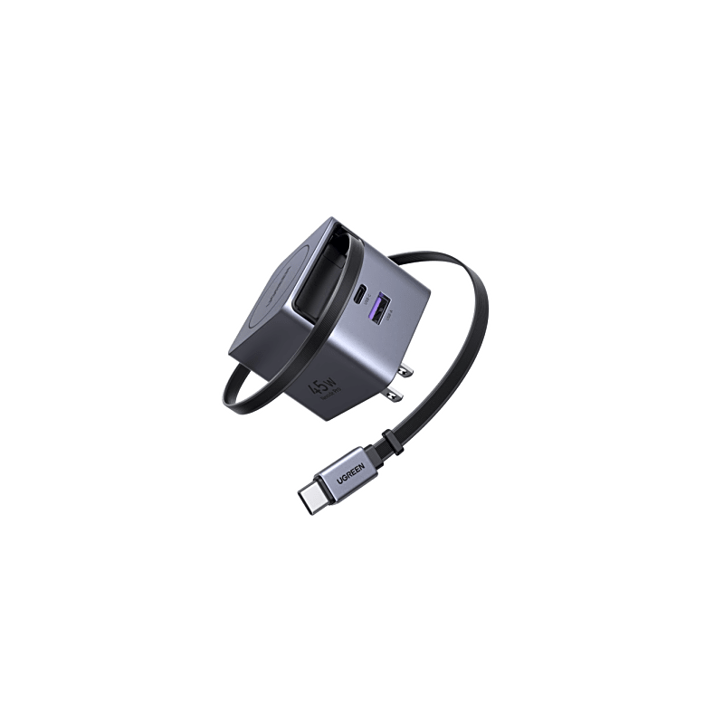 Cargador Rápido UGREEN 45W GaN / Cable Retráctil 0.7m / 3 Puertos USB-C + USB-A / Tecnología GaNInfinity 95% Eficiencia / 8 C