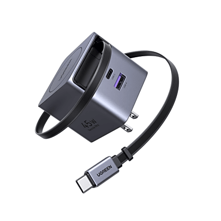 Cargador Rápido UGREEN 45W GaN / Cable Retráctil 0.7m / 3 Puertos USB-C + USB-A / Tecnología GaNInfinity 95% Eficiencia / 8 C