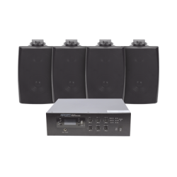 KIT de Amplificador de 120W para Escritorio | 4 Altavoces de Pared color Negro 2.5W - 20W | Sistema 70/100V