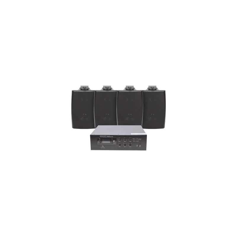 KIT de Amplificador de 120W para Escritorio | 4 Altavoces de Pared color Negro 2.5W - 20W | Sistema 70/100V