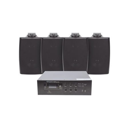 KIT de Amplificador de 120W para Escritorio | 4 Altavoces de Pared color Negro 2.5W - 20W | Sistema 70/100V