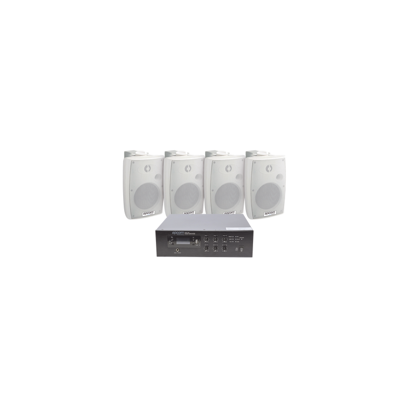 KIT de Amplificador de 120W para Escritorio | 4 Altavoces de Pared color Blanco 2.5W - 20W | Sistema 70/100V