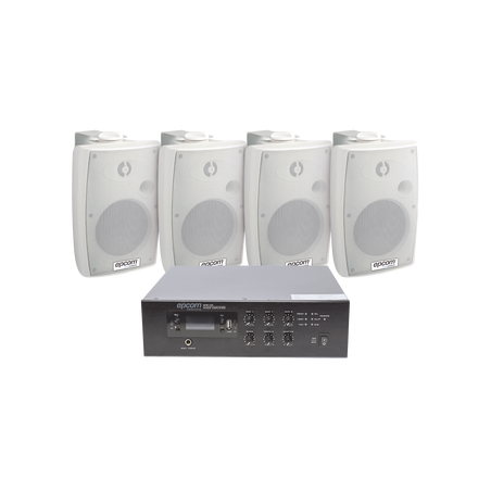 KIT de Amplificador de 120W para Escritorio | 4 Altavoces de Pared color Blanco 2.5W - 20W | Sistema 70/100V