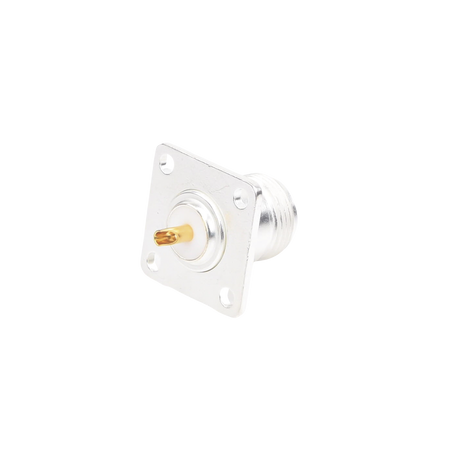 Conector N Hembra para Montaje Frontal en Panel con 4 Perforaciones a 18 mm, Plata/ Oro/ Teflón.