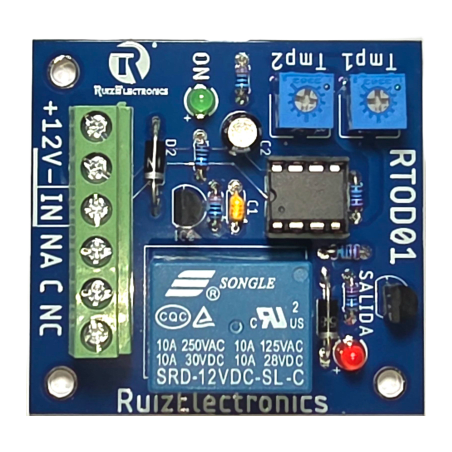 Tarjeta Temporizadora RTOD01 / Retardo 0-60 segundos / Duración 0-60 segundos / Alimentación 12VDC / Salida Relevador NA-NC-C 