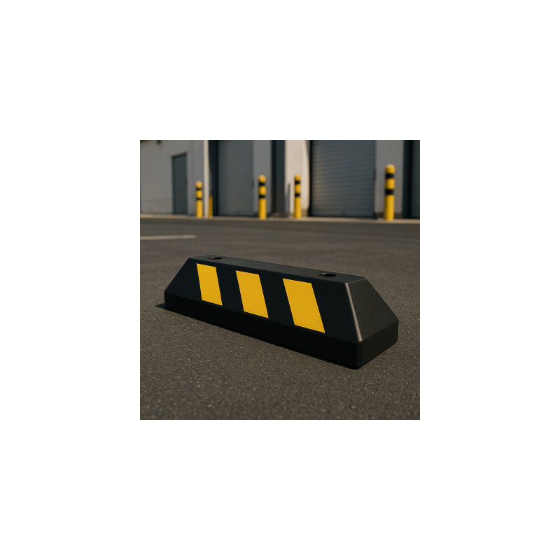Tope D/ Estacionamiento Vehicular / Hule Reciclado / 55cm / Color Negro con Franjas Amarillas / Resistente y Antideslizante.