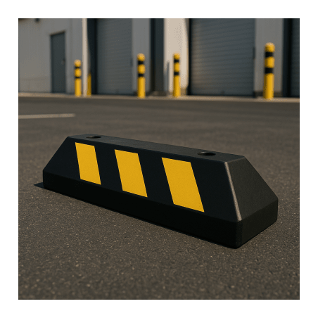 Tope D/ Estacionamiento Vehicular / Hule Reciclado / 55cm / Color Negro con Franjas Amarillas / Resistente y Antideslizante.