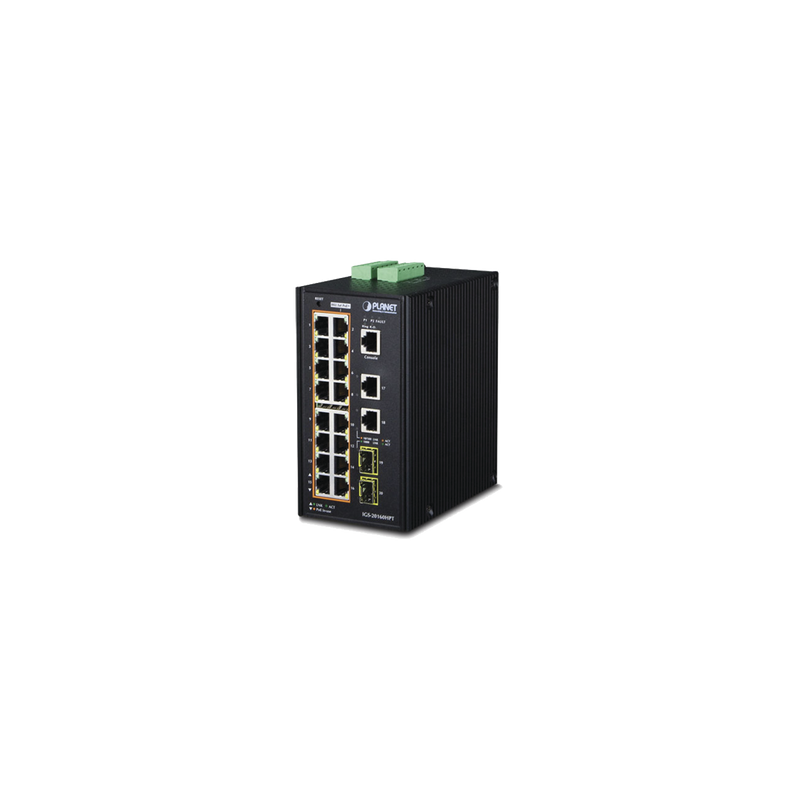 Switch Industrial Administrable 16 puertos 10/100/1000 T 802.3at PoE + 2 Puertos 10/100/1000 T + 2 puertos 100/1000 X SFP