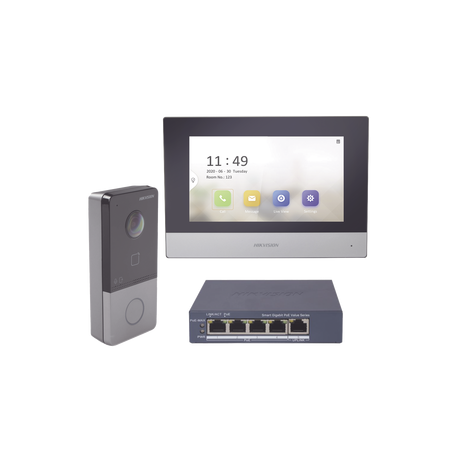 Kit de Videoportero IP + Switch Poe Poe Estandar con llamada a App de Smartphone (HikConnect) / Apertura con tarjeta MIFARE / Fr