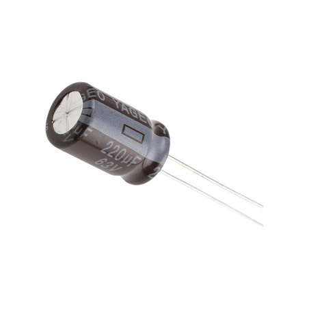 Capacitor Electrolítico de Aluminio, Radial de 220 µFd, 63 Vcc, 105 °C, 10 x 15 mm.