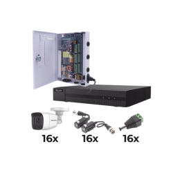 KIT TurboHD 1080p / DVR 16 Canales / 16 Cámaras Bala Policarbonato con Microfono (exterior 2.8 mm) / Transceptores / Conectores