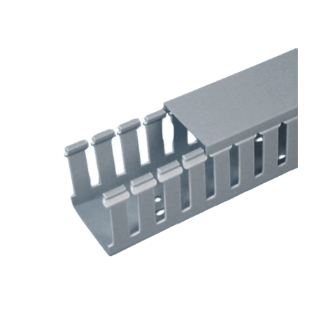 Canaleta Ranurada de PVC con Tapa, Tipo F, 44.5 mm de Ancho, 104.1 mm de Alto y 2 m de Largo, Color Gris