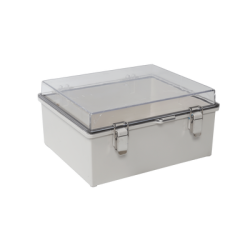 Gabinete Plástico ABS, Puerta Transparente, Uso en Intemperie (350 x 460 x 160 mm) Cierre por Broches Inoxidables y Permite Cer