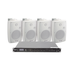 KIT de Amplificador de Audio 120W para Rack | 4 Altavoces de Pared color Blanco 2.5W - 20W | Sistema 70/100V