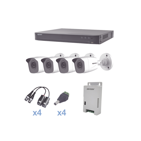 KIT TurboHD 1080p / DVR 4 Canales / 4 Cámaras Bala Metálicas (exterior 2.8 mm) / Transceptores / Conectores / Fuente de Poder 