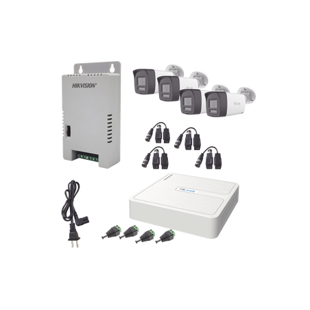 Kit HiLook Audio Bidireccional TurboHD 1080p / DVR Metalico 4 Canales / 4 Cámaras Bala (Exterior) con Bocina y Micrófono Integ
