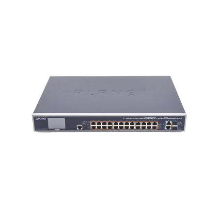 Switch Administrable L3, 24 puertos Gigabit PoE 802.3bt, 2 puertos 10G SFP+, Pantalla Tactil, Fuente Redundante, (600W)